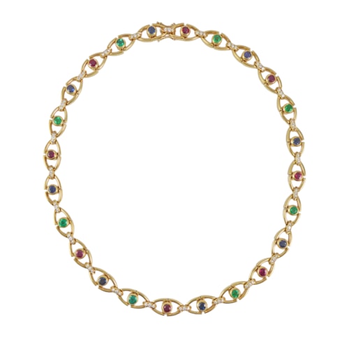 Emerald, sapphire, ruby and diamond necklace by Tiffany, to articulated openwork navette shaped links testing as 18ct gold,